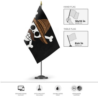 A mockup of the custom flag 'Mexico One PIece Gen Z Protest flag' as a desk flag and small hand waving flag