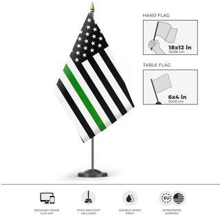 A mockup of the custom flag 'Thin Green Line flag' as a desk flag and small hand waving flag