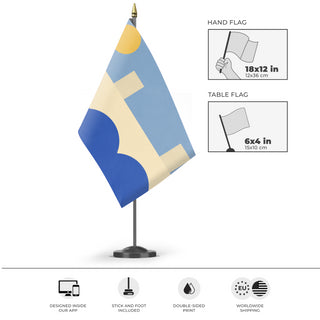 A mockup of the custom flag 'Hoover Dam Flag' as a desk flag and small hand waving flag