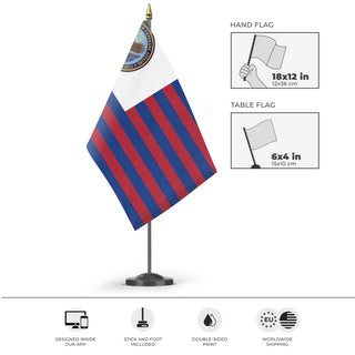 A mockup of the custom flag 'Veterans Affairs  flag' as a desk flag and small hand waving flag