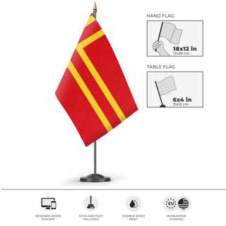 A mockup of the custom flag 'St Olaf with Three Leopards flag' as a desk flag and small hand waving flag