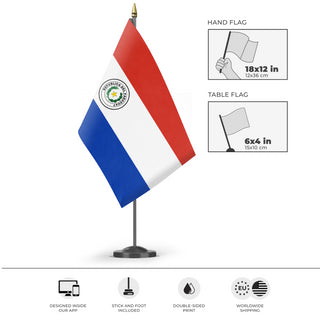 A mockup of the custom flag 'paraguaydesk flag' as a desk flag and small hand waving flag