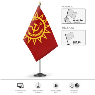 A mockup of the custom flag 'Flag Contest' as a desk flag and small hand waving flag