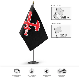 A mockup of the custom flag 'Schwarze Front flag' as a desk flag and small hand waving flag
