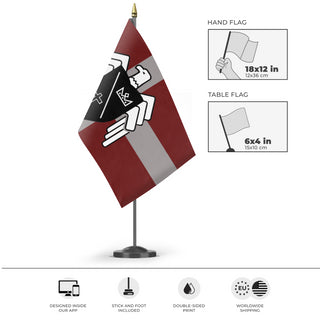 A mockup of the custom flag 'Basil England White flag' as a desk flag and small hand waving flag