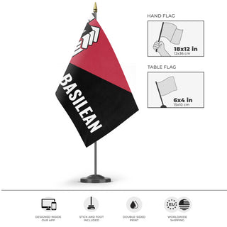 A mockup of the custom flag 'Basil CNT Inspired flag' as a desk flag and small hand waving flag