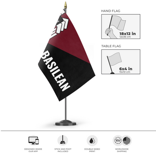 A mockup of the custom flag 'Basil CNT Maroon flag' as a desk flag and small hand waving flag