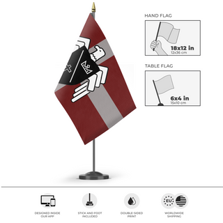 A mockup of the custom flag 'Basil Cross flag' as a desk flag and small hand waving flag