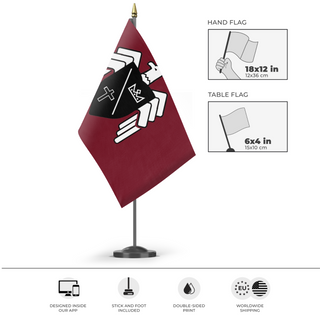 A mockup of the custom flag 'Basil Crest flag' as a desk flag and small hand waving flag