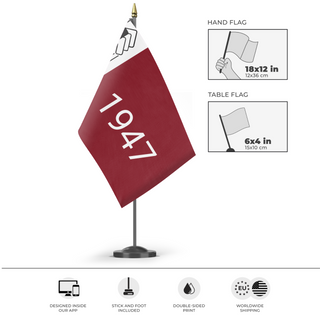 A mockup of the custom flag 'Basil 1947 flag' as a desk flag and small hand waving flag