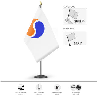 A mockup of the custom flag 'Kingdom of Hosanna flag' as a desk flag and small hand waving flag