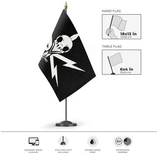 A mockup of the custom flag 'Custom flag' as a desk flag and small hand waving flag