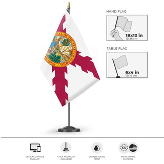 A mockup of the custom flag 'Florida State Flag with Cross of Burgundy' as a desk flag and small hand waving flag