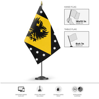 A mockup of the custom flag 'Danubian Federation flag' as a desk flag and small hand waving flag
