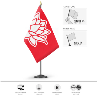 A mockup of the custom flag 'Kalmyk ground forces flag' as a desk flag and small hand waving flag