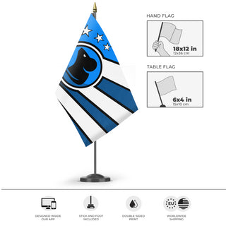 A mockup of the custom flag 'Mouse Flag' as a desk flag and small hand waving flag