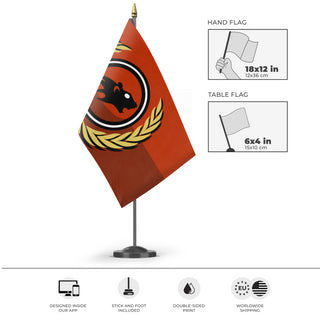 A mockup of the custom flag 'Rat Flag' as a desk flag and small hand waving flag