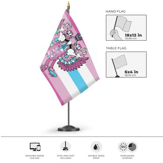 A mockup of the custom flag 'Femboy Russia Pride flag' as a desk flag and small hand waving flag