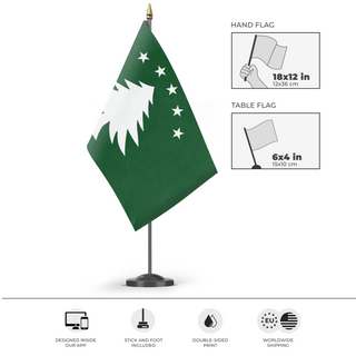 A mockup of the custom flag 'New England Green Tree flag' as a desk flag and small hand waving flag