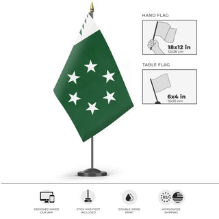 A mockup of the custom flag 'New England flag' as a desk flag and small hand waving flag