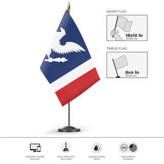 A mockup of the custom flag 'American Union State flag' as a desk flag and small hand waving flag