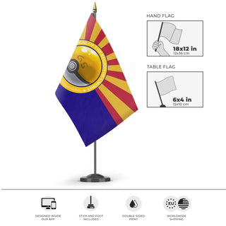 A mockup of the custom flag 'Umoria flag' as a desk flag and small hand waving flag
