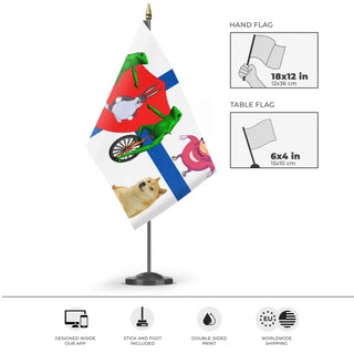 A mockup of the custom flag 'Dankia flag' as a desk flag and small hand waving flag