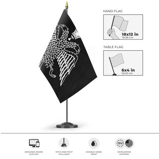 A mockup of the custom flag 'Grey Bird flag' as a desk flag and small hand waving flag