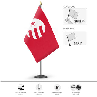 A mockup of the custom flag 'Your Custom flag' as a desk flag and small hand waving flag