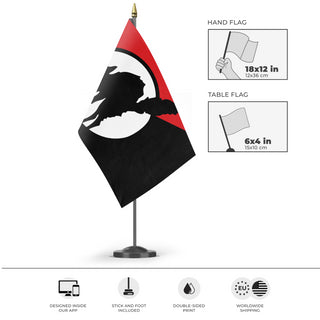 A mockup of the custom flag 'Sabot Cat flag' as a desk flag and small hand waving flag