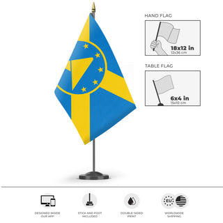 A mockup of the custom flag 'Council of Andrews flag' as a desk flag and small hand waving flag