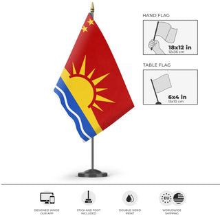A mockup of the custom flag 'Peoples Commonwealth of Columbia flag' as a desk flag and small hand waving flag