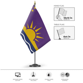 A mockup of the custom flag 'United Commonwealths of Columbia flag' as a desk flag and small hand waving flag