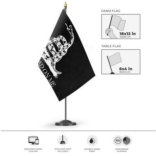 A mockup of the custom flag 'Black and White Gadsden flag' as a desk flag and small hand waving flag