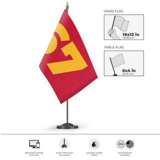 A mockup of the custom flag '67 flag' as a desk flag and small hand waving flag
