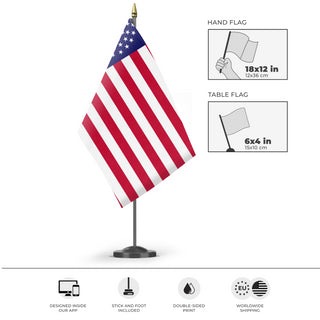 A mockup of the custom flag '52 Star U.S. Flag' as a desk flag and small hand waving flag