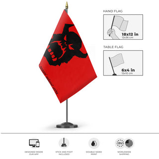 A mockup of the custom flag 'ork marxist  flag' as a desk flag and small hand waving flag