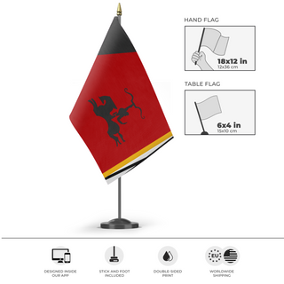 A mockup of the custom flag 'Ashkavari flag' as a desk flag and small hand waving flag