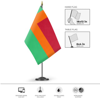 A mockup of the custom flag 'The Republic of New Rearendia flag' as a desk flag and small hand waving flag