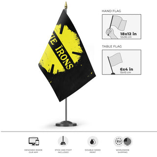 A mockup of the custom flag 'The Irons flag' as a desk flag and small hand waving flag