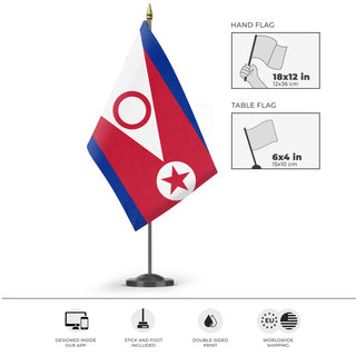 A mockup of the custom flag 'Communist Treaty flag' as a desk flag and small hand waving flag