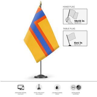 A mockup of the custom flag 'Ingria flag' as a desk flag and small hand waving flag