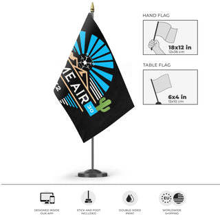 A mockup of the custom flag 'qaz flag' as a desk flag and small hand waving flag