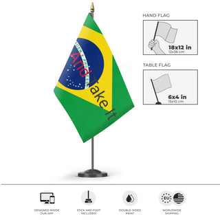 A mockup of the custom flag 'test 3 flag' as a desk flag and small hand waving flag