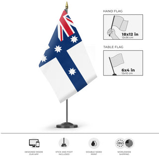 A mockup of the custom flag 'Australian Federation flag' as a desk flag and small hand waving flag