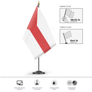 A mockup of the custom flag 'test10 flag' as a desk flag and small hand waving flag