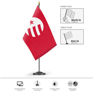 A mockup of the custom flag 'Free Flag Designer' as a desk flag and small hand waving flag