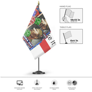 A mockup of the custom flag 'T flag' as a desk flag and small hand waving flag