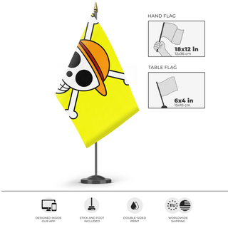 A mockup of the custom flag 'StrawHat flag' as a desk flag and small hand waving flag