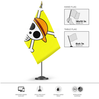 A mockup of the custom flag 'strawhat flag' as a desk flag and small hand waving flag